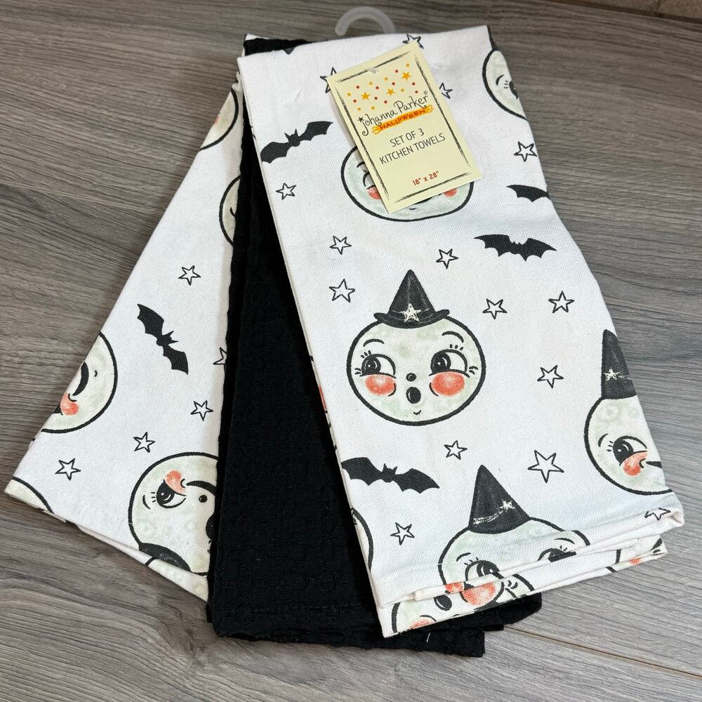 Johanna Parker Halloween Kitchen Towel 18x28 Set of 3 Retro Moon Bats NWT